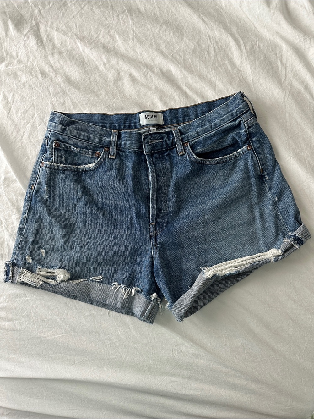 Agolde Medium Blue Distressed Rolled-Hem Jean Shorts